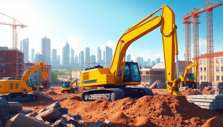 Bagger leihen Hannover: Aktive Baustelle mit einem leuchtend gelben Bagger, der Erde bewegt.