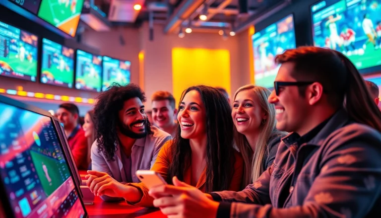 Experience thrilling Bitcoin sports betting in a vibrant digital lounge with diverse participants engaging with live sports events.