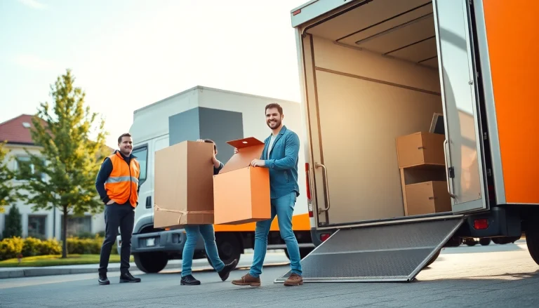Umzugsunternehmen im Saarland: Umzugsprofis verladen Möbel in ein Fahrzeug, während die saarländische Stadtlandschaft im Hintergrund zu sehen ist.