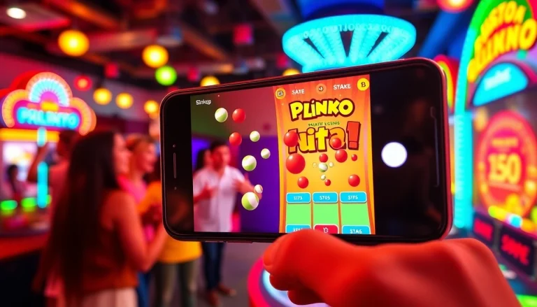 Play the Plinko app on a smartphone amidst a vibrant arcade atmosphere, capturing the thrill of the game.