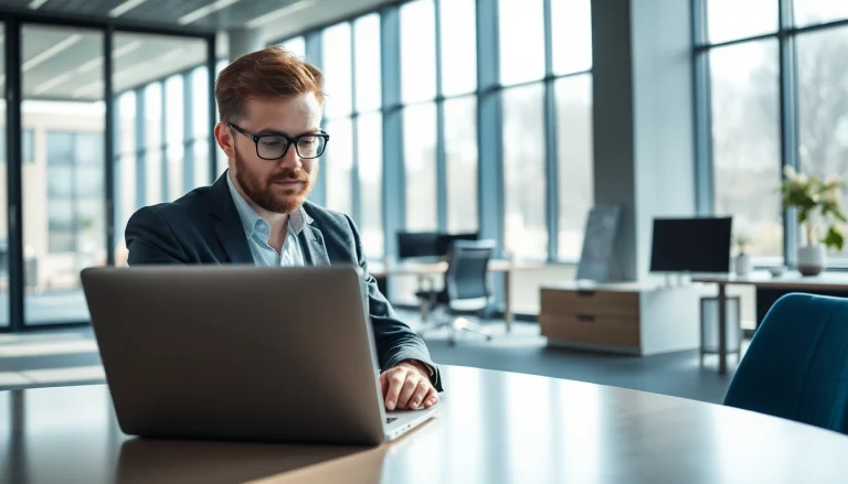 Headhunter Köln berät vor modernem Hintergrund im Büro.