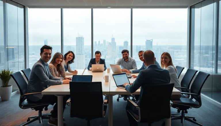 Eine dynamische Gruppe von Fachleuten, die in einem modernen Büro an der Personalvermittlung arbeitet.