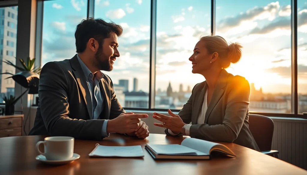 Engaging conversation between a candidate and a Headhunter Berlin in a bright, modern office.