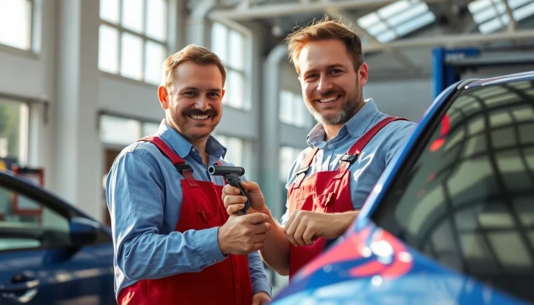Dellendoktor München entfernt Dellen professionell aus einem blauen Auto in einer modernen Werkstatt.