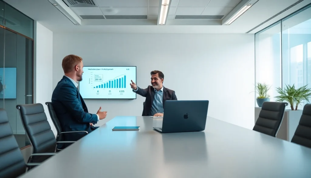 Professioneller Headhunter Monchengladbach berät Klienten am Konferenztisch mit Marktanalysen auf dem Laptop.