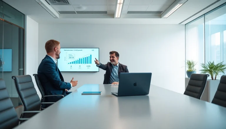 Professioneller Headhunter Monchengladbach berät Klienten am Konferenztisch mit Marktanalysen auf dem Laptop.