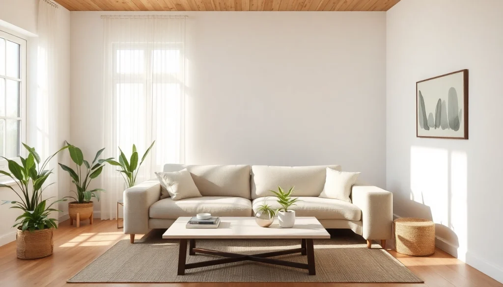 Ein minimalistisches Wohnzimmer mit warmer Lichtgestaltung für harmonische Raumgestaltung.