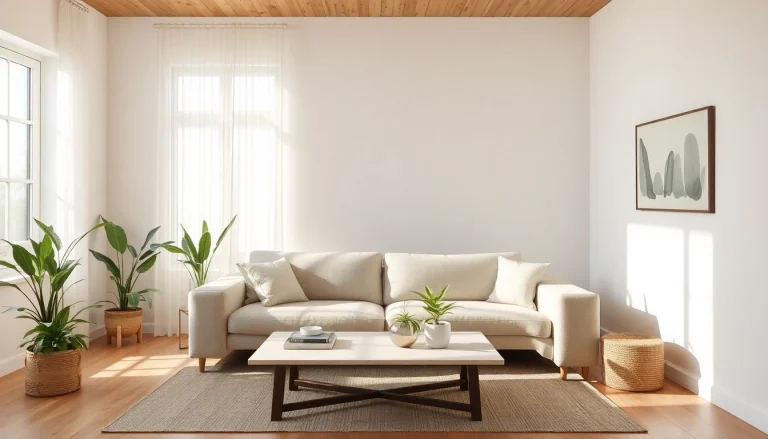 Ein minimalistisches Wohnzimmer mit warmer Lichtgestaltung für harmonische Raumgestaltung.