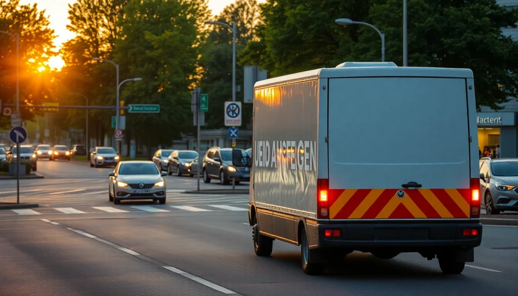 Umzugsunternehmen Hagen transportiert mit Sorgfalt Möbel und Kartons in einer belebten Stadtlandschaft.