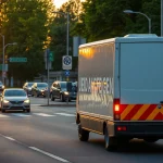 Umzugsunternehmen Hagen transportiert mit Sorgfalt Möbel und Kartons in einer belebten Stadtlandschaft.