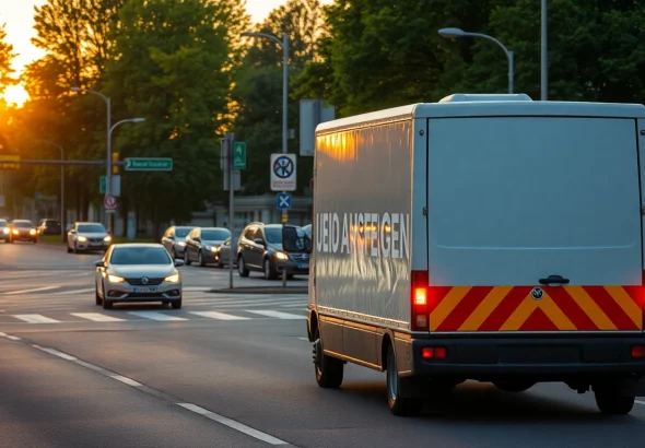 Umzugsunternehmen Hagen transportiert mit Sorgfalt Möbel und Kartons in einer belebten Stadtlandschaft.