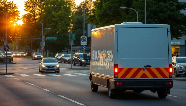 Umzugsunternehmen Hagen transportiert mit Sorgfalt Mรถbel und Kartons in einer belebten Stadtlandschaft.