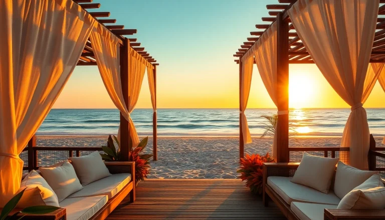 Verweile in der entspannten Atmosphäre eines Coastal Cabana am Strand mit luxuriösen Lounge-Möbeln.