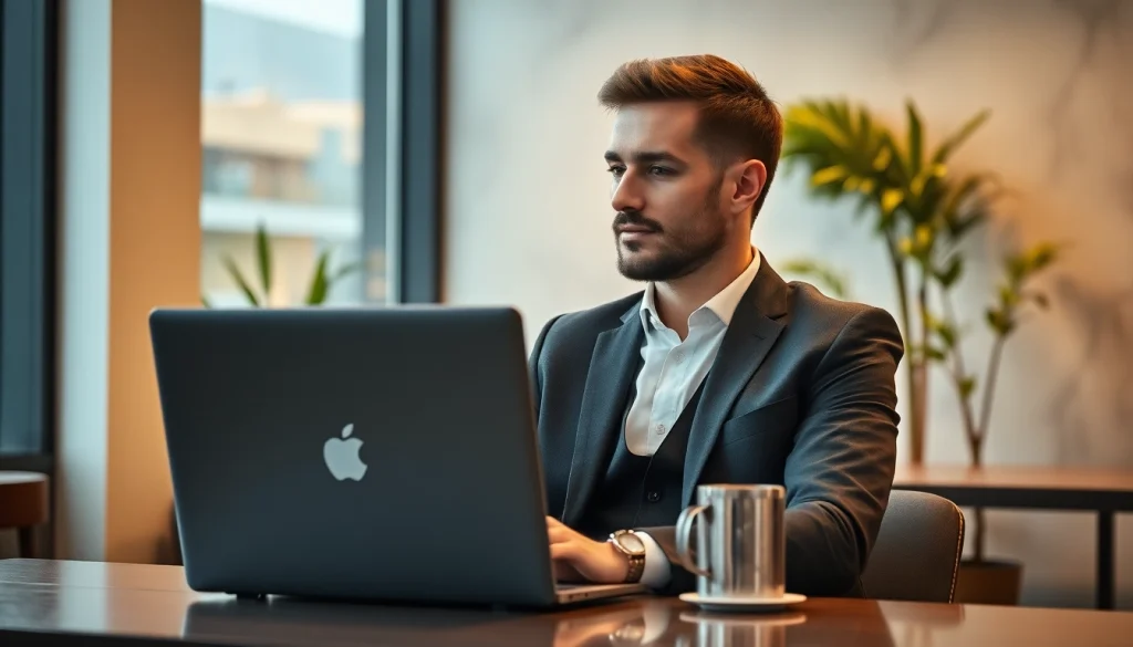 Headhunter Gastronomie berät in einem eleganten Büro am Laptop über neue Talentakquisitionen.