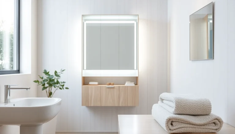 Sonni Spiegelschrank in einem eleganten Badezimmer mit LED-Beleuchtung.