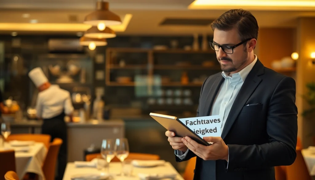 Headhunter Gastronomie bewertet Bewerbungsunterlagen in einem eleganten Restaurant.