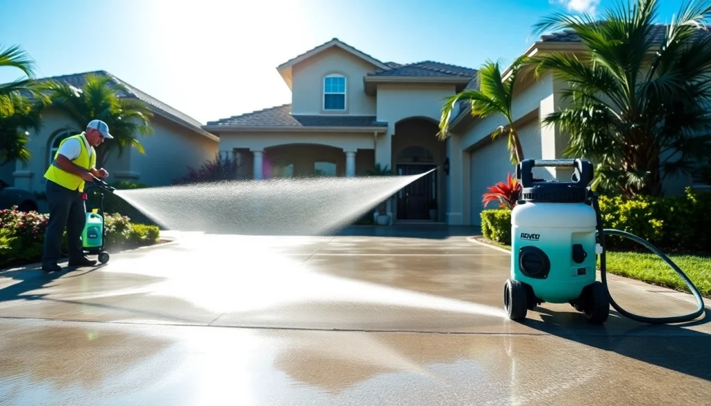 Driveway pressure wash in Kissimmee, showcasing professionals thoroughly cleaning the surface with powerful equipment and eco-friendly solutions.
