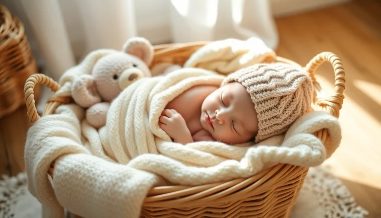 Neugeborenen Babyshooting in einem sanften, wärmenden Setting mit pastellfarbenen Requisiten.