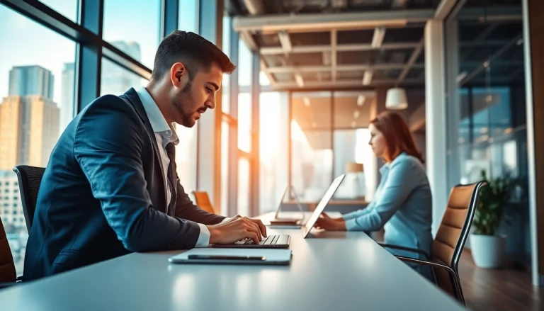 Headhunter IT engaging with clients in a modern office setting while using advanced tools.