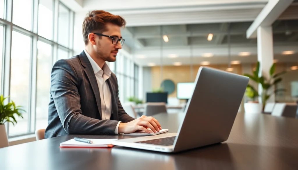 Headhunter IT führt ein Bewerbungsgespräch in einem modernen Büro mit Laptop.