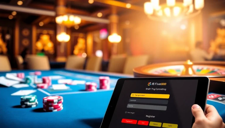 Engage in thrilling gaming action with Đăng ký Five88 at an elegant casino setting.