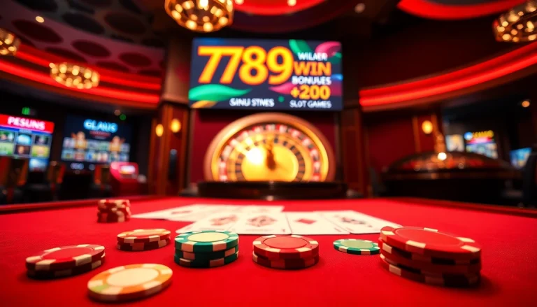 Engaging gambling scene highlighting 789 win, featuring poker chips and vibrant casino elements.