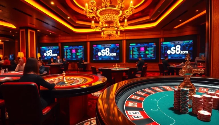 Engage in thrilling gameplay at s8.com with exciting poker and roulette tables in a luxurious casino setting.