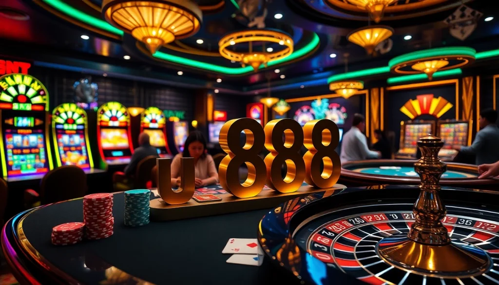 Experience thrilling gameplay at u88 casino with vibrant slot machines and stacked poker chips.