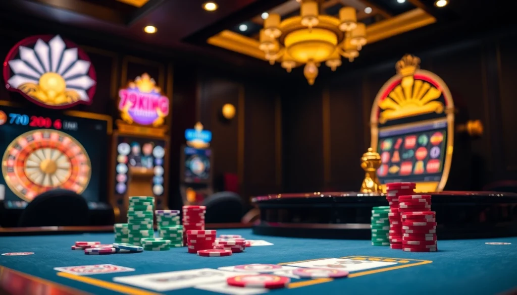 Engaging scene at Nhà cái 79KING casino with colorful chips, cards, and excitement.