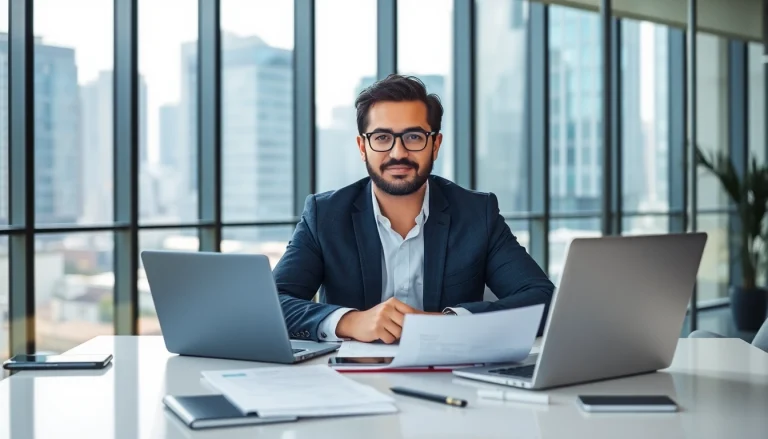 Headhunter IT engagiert in einem modernen Büro, umgeben von Technologie und Recruitment-Tools.