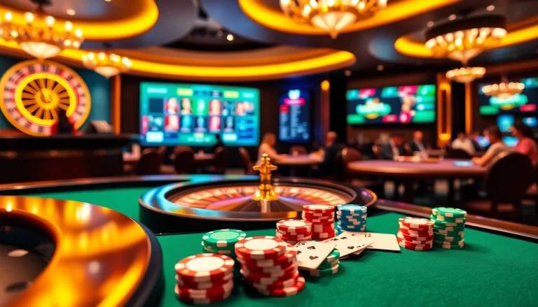 Experience thrilling gaming action at https://fun79.bio/ with vibrant casino visuals showcasing live poker tables.