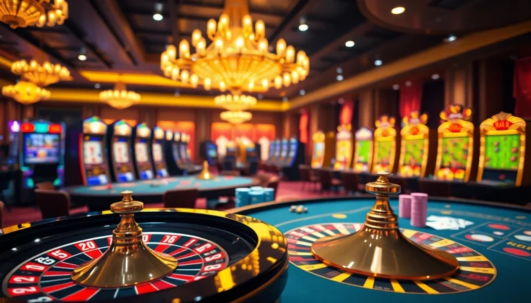 Engaging casino atmosphere showcasing kèo nhà cái with roulette, poker tables, and slot machines.