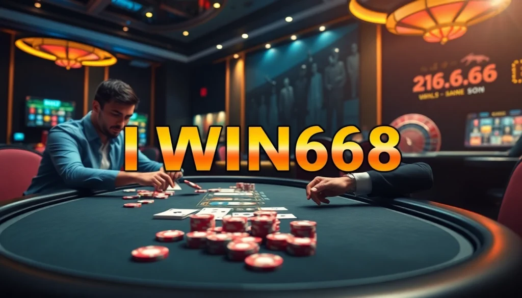 IWIN68 players engaged in an exciting poker game, showcasing colorful chips and a dynamic roulette backdrop.