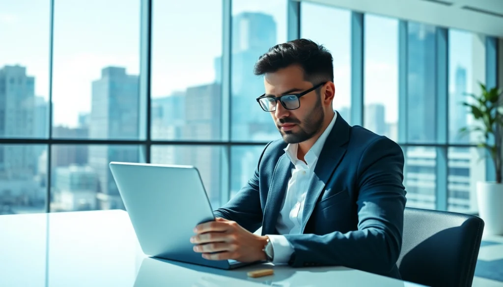 Headhunter Schweiz analysiert Talente in modernem Büro mit urbanem Ausblick.