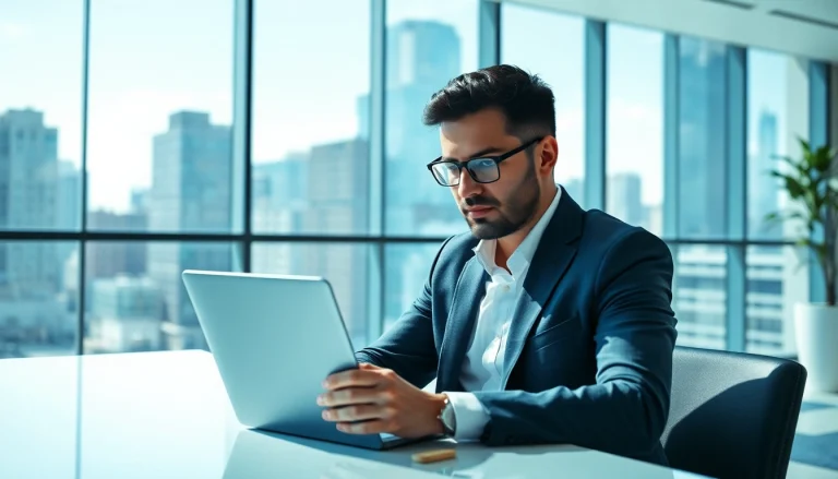 Headhunter Schweiz analysiert Talente in modernem Büro mit urbanem Ausblick.