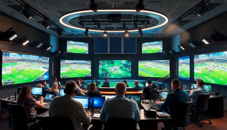 Live action in sports broadcasting studio showcasing equipment and engaged broadcasters.