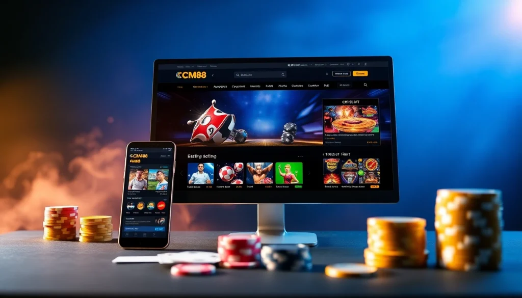CM88 online gambling interface displayed on a smartphone and computer, conveying excitement and luxury in a vibrant gaming environment.