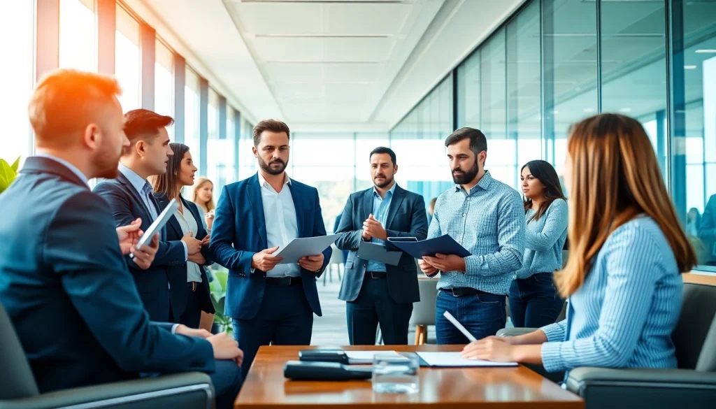 Headhunter Ingenieure im Gespräch mit Ingenieuren in einem modernen Büro.