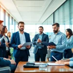Headhunter Ingenieure im Gespräch mit Ingenieuren in einem modernen Büro.
