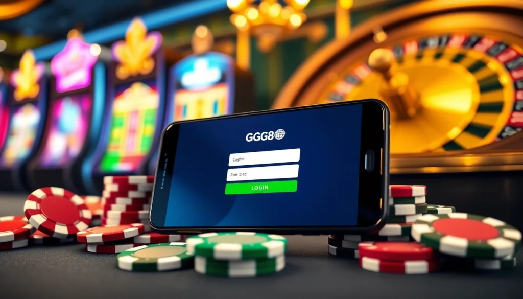Engaging gamblers with the GG88 login mobile interface amid vibrant casino elements.
