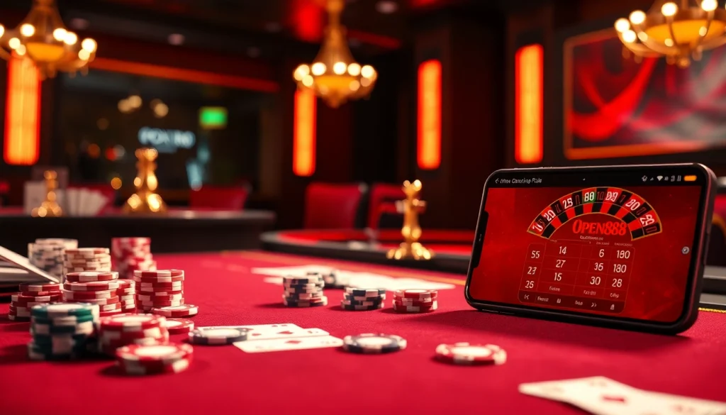 Engaging scene of nhà cái open88 with poker chips and roulette, showcasing online gambling excitement