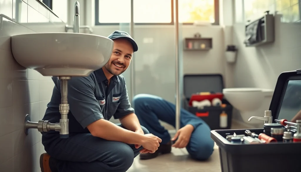 Plumber inspecting plumbing in a modern bathroom setting with tools and bright lighting.