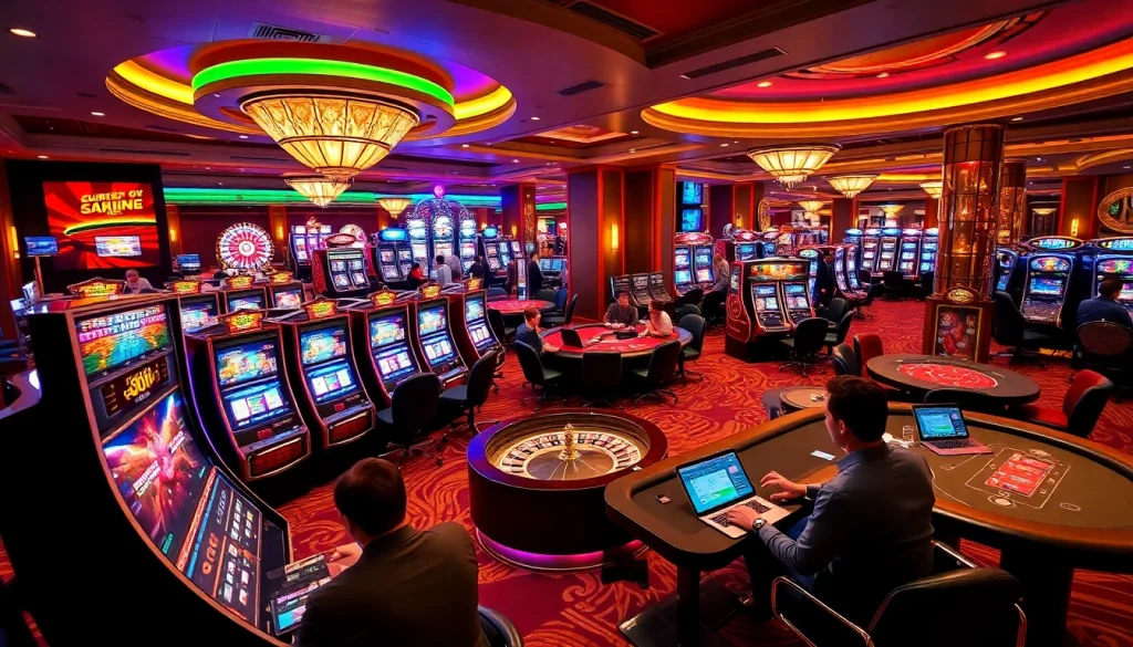 Cazinouri online germania fără depunere cu o atmosferă vibrantă de cazinou, prezentând mașini de sloturi și mese de poker.