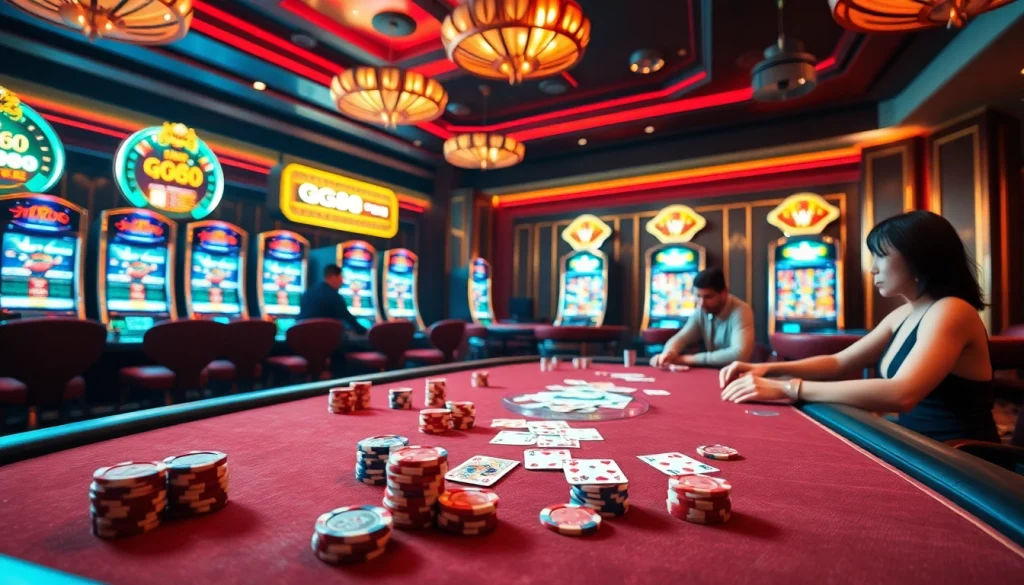 Players enjoying exciting games at GG88 casino tables with vibrant slot machines.