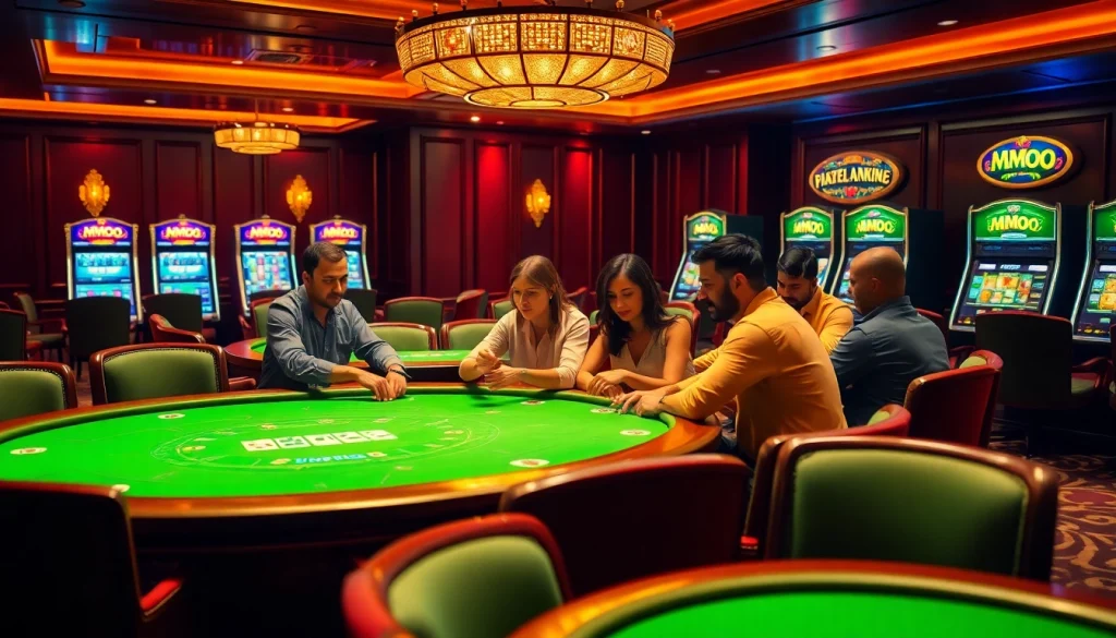 Players engaging in a thrilling poker game at a luxurious casino with MMOO branding.