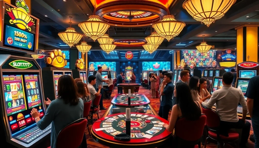 Experience the thrill of Slot777 with players enjoying vibrant slot machines in a luxurious casino.