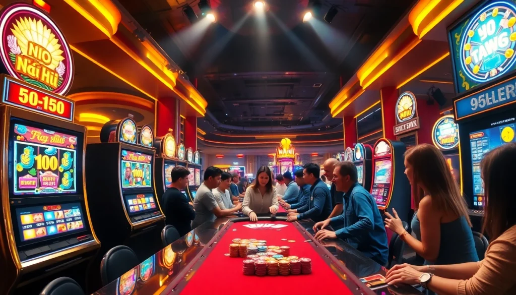 Action-packed gaming moment with nổ hũ slot machines lighting up the casino floor.