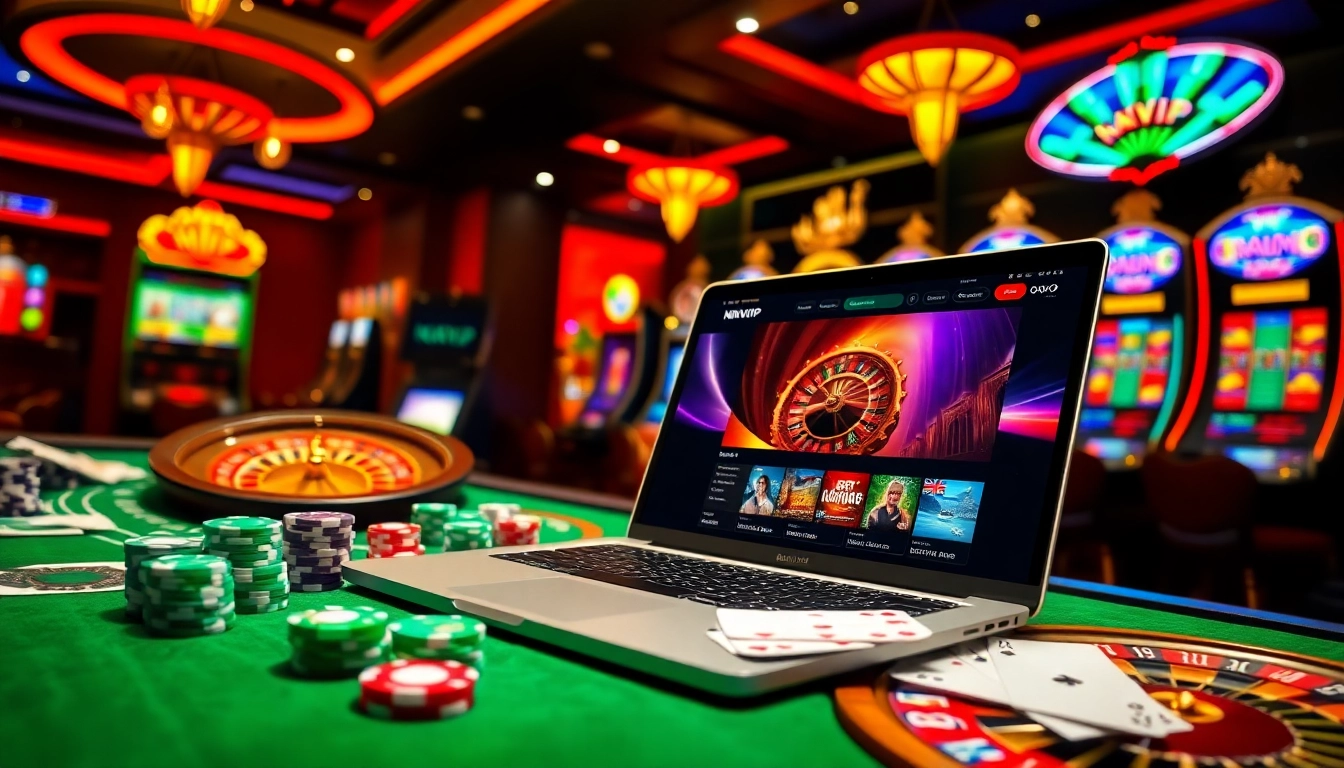 Engaging NhatVIP gambling scene featuring casino elements like poker chips and roulette wheels.