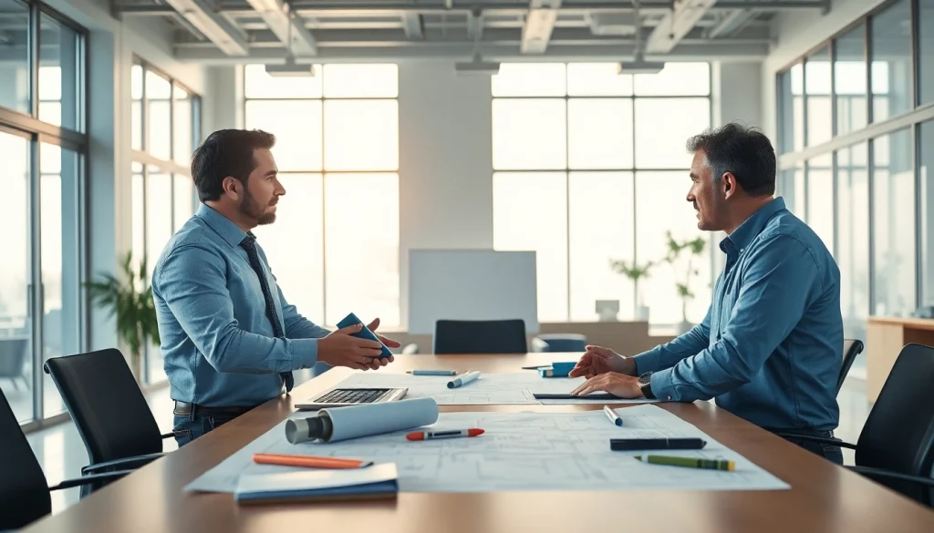 Headhunter Ingenieure in a meeting discussing engineering projects in a bright office.