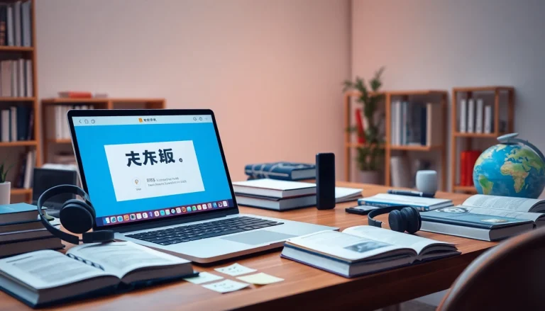 有道 translation application displayed in a modern workspace with digital devices and language materials.